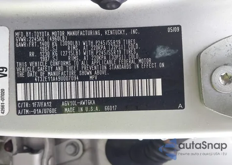 2009 Toyota Venza Base (A6) из США, поврежденный, VIN 4T3ZE11A49U007094